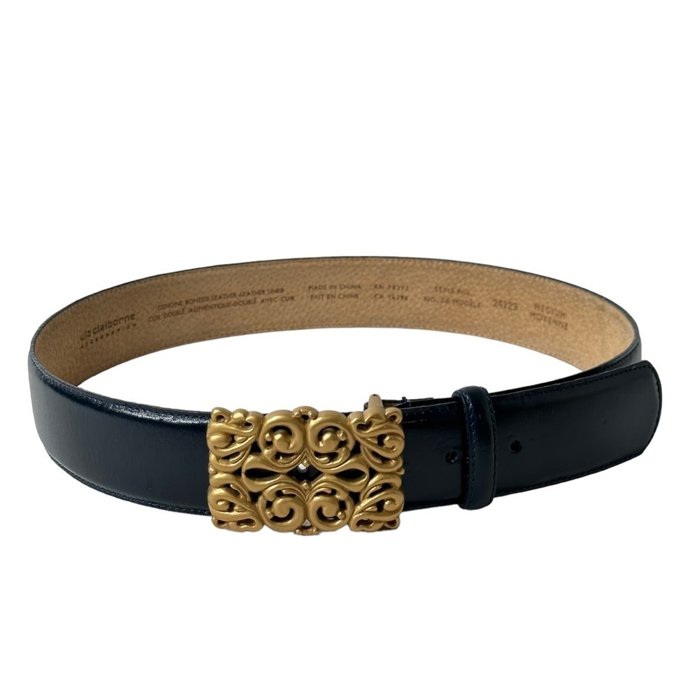 Vintage Liz Claiborne Navy Genuine Bonded Leather Lined Deco Gold Buckle Belt M